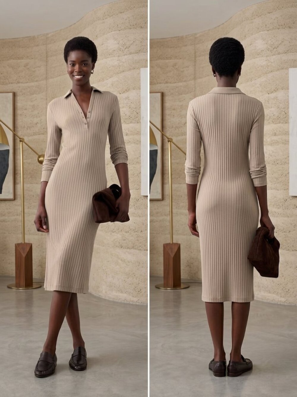 Banana Republic Factory Women's Ribbed Knit Polo Midi Dress Mocha Latte XL Tall